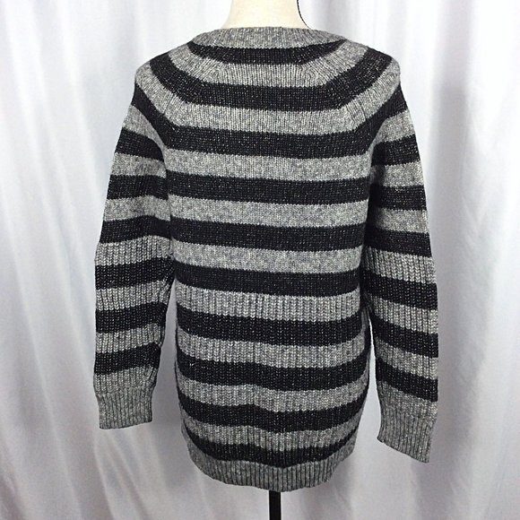 Banana Republic Wool Sweater Women Medium Black Gray Striped Italian Yarn Chunky - Picture 3 of 8